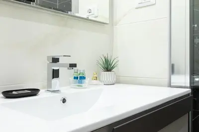 a bathroom with a sink and a shower at Trastevere Exclusive Three Bedroom Apartment in Rome