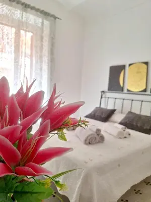 a bedroom with a bed with red flowers in the foreground at Porta Labicana House -10 minutes from Termini Station in Rome