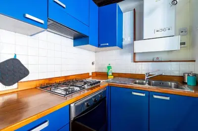 a blue kitchen with a stove and a sink at maison pelliccia in Rome