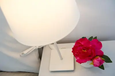 a pink flower sitting on a table next to a mirror at Home Candia in Rome