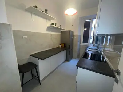 a small kitchen with a counter and a refrigerator at Apartment Colli [3m metro] in Rome