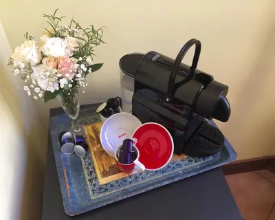 a table with a camera and a vase of flowers at Vatican Domus in Rome