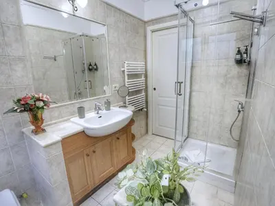 a bathroom with a sink and a shower at Vinyle Apartment Vatican in Rome