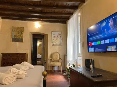 a bedroom with a bed and a flat screen tv at SorinaHome Campo de Fiori Apartament in Rome