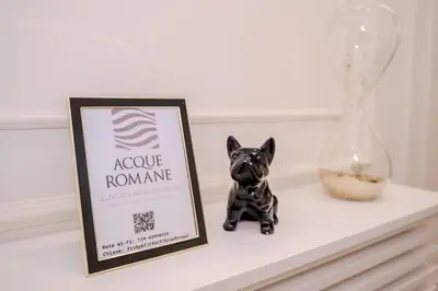 a small dog sitting on a shelf next to a sign at Acque Romane Piazza di Spagna in Rome