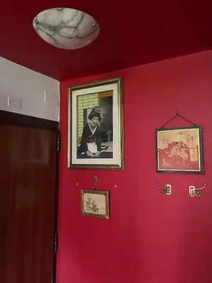 a room with red walls and pictures on the wall at Casetta Roma San Giovanni in Rome