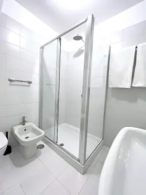 a bathroom with a shower and a toilet and a sink at Trevi over the top apartment in Rome