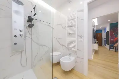 a white bathroom with a shower and a toilet at The blue Iris in Rome