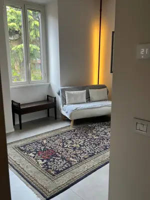 a living room with a couch and a rug at CARPE DIEM Ponte Milvio Olimpico Farnesina in Rome