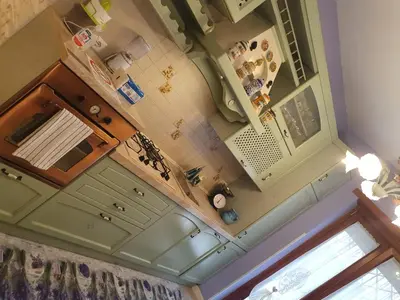 an overhead view of a kitchen with green cabinets at Crismi house in Rome