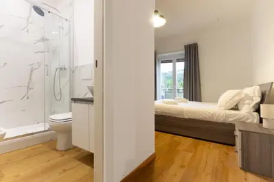 a bedroom with a bed and a shower and a toilet at Cozy Vatican in Rome