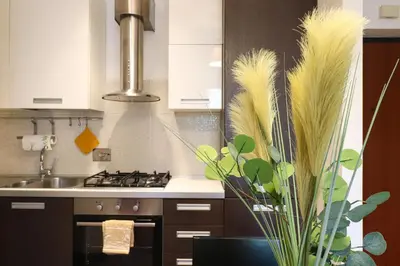 a kitchen with a stove and a vase with feathers at Margot - Quiet and Elegant with Free Parking in Rome