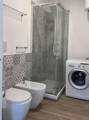 a bathroom with a shower and a toilet and a washing machine at Otium - Tarquinia in Rome