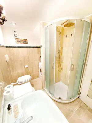 a bathroom with a shower and a toilet and a sink at Colosseum Charming Loft - Santa Maria in Carinis in Rome