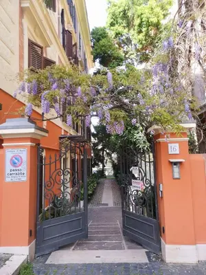 an entrance to a building with a black gate with purple flowers at Perfect Hideout in Trastevere in Rome