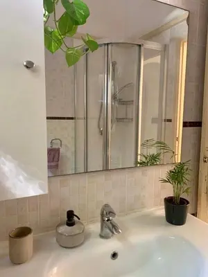 a bathroom sink with a large mirror and a sink at Giardino dei Giganti, 5 minute walk to the subway B in Rome