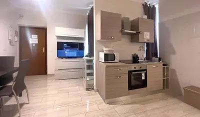 a kitchen with stainless steel cabinets and a microwave at Ariana Apartments in Rome
