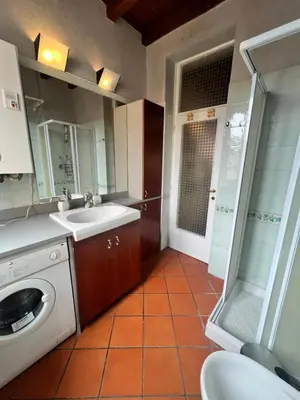 a bathroom with a sink and a washing machine at Trastevere al Leopardo in Rome