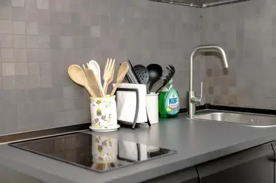 a kitchen counter with a sink and a container of utensils at Magikrooms Kandy in Rome