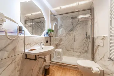 a bathroom with a shower and a sink and a toilet at Luxury Vatican Rooms - next to the Vatican Museum in Rome