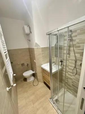a bathroom with a shower and a toilet and a sink at Little Apartment in Rome