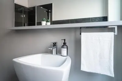 a bathroom with a white sink and a white towel at alPigneto Apartment Rome in Rome