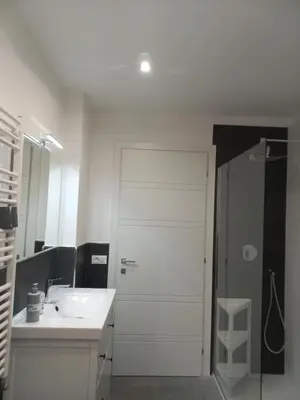 a bathroom with a shower and a white door at Viktoria's Suite Rome Center in Rome