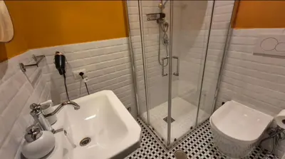 a bedroom with a large bed and a walk in shower at IAIO Testaccio Retrò in Rome