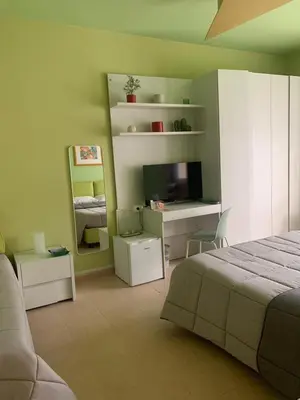 a bedroom with a bed and a desk and a television at Alloggio di Raffaello L in Rome