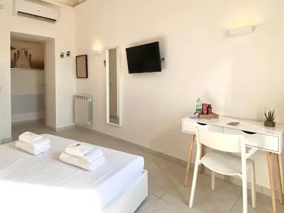 a room with a bed and a desk and a tv at Prince of Rome Superior Rooms in Rome