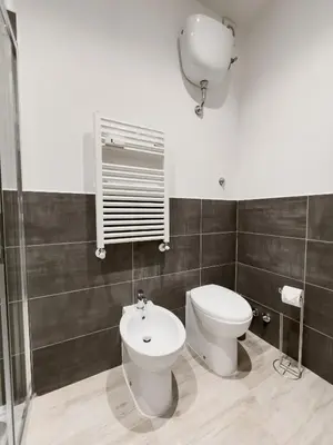 a bathroom with a toilet and a shower at Flora's Apartment in Rome