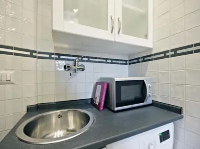 a kitchen counter with a sink and a microwave at Velvet Trastevere Apartment in Rome