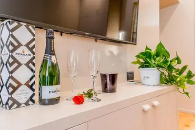 a bottle of wine and two wine glasses on a counter at Augusto Imperatore Luxury Suite in Rome
