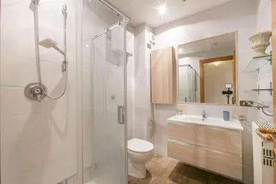 a bathroom with a shower and a toilet and a sink at Conti Ripetta house in Rome
