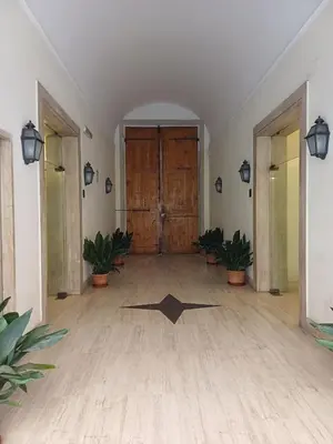 an empty room with a door and potted plants at Greta's house in Rome
