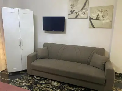 a living room with a couch and a tv at Caos Calmo House in Rome