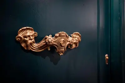 a gold door knocker on a black door at Pantheon Appartamento Costaguti in Rome