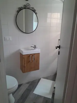 a bathroom with a toilet and a sink and a mirror at La Casetta Monteverde in Rome