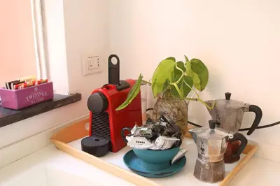 a kitchen counter with a coffee maker and a plant at Deco Garden Apartment Trastevere in Rome