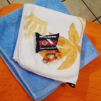 a white towel with a flower on it on a table at San Giovanni In Laterano Daniela Apartment in Rome
