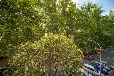 a parking lot with parked cars and trees at Great Apartment in great Location in Rome