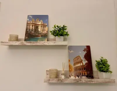 two shelves with two paintings of a building and plants at Suite Mario - Colosseo in Rome