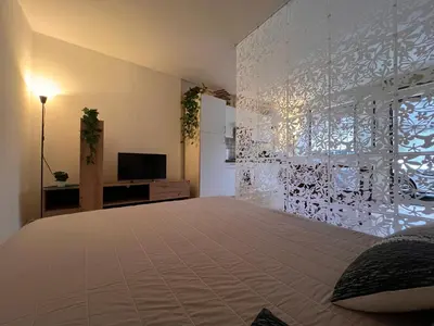 a bedroom with a large bed and a television at StudioFlat Battistini in Rome
