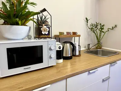 a kitchen counter with a microwave and a sink at May Home Guest House in Rome