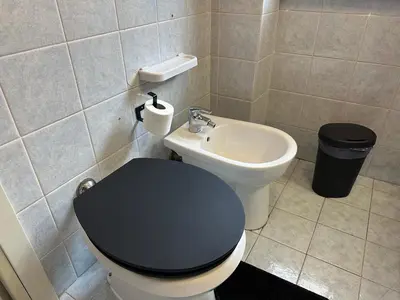 a bathroom with a black toilet and a sink at ROMA Metro A in Rome