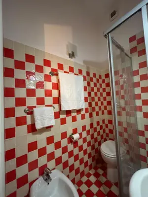 a bathroom with a red and white checkered wall at Hedi-Don sweet home-103 in Rome