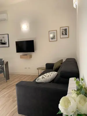 a living room with a black couch and a flat screen tv at Casa di Azzurra in Rome