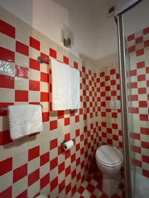 a bathroom with a toilet and red and white tiles at Don sweet home- Hedi 101 in Rome
