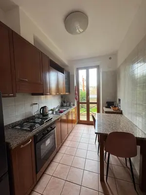a kitchen with wooden cabinets and a counter top at Lux of the Vatican in Rome