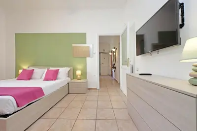 a bedroom with a large bed and a flat screen tv at Typical roman home in Testaccio in Rome